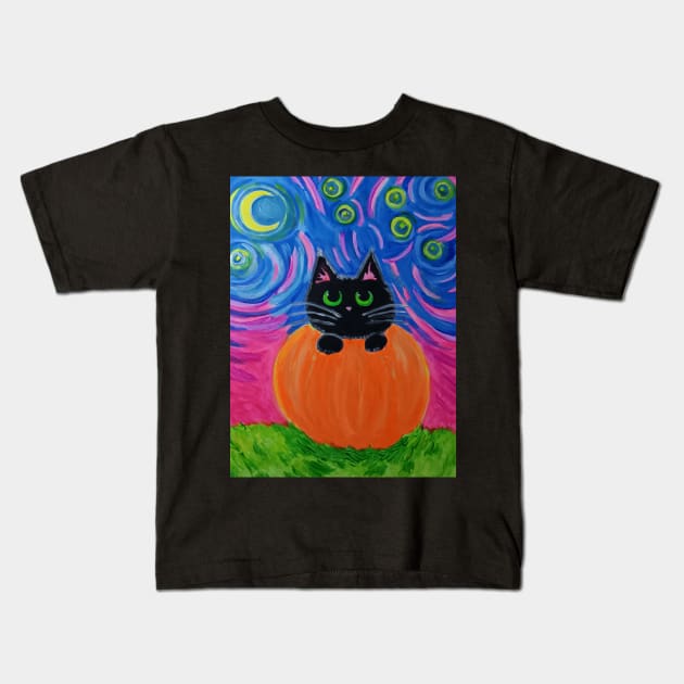 Happy Halloween Black Cat with Pumpkin Kids T-Shirt by Oregon333